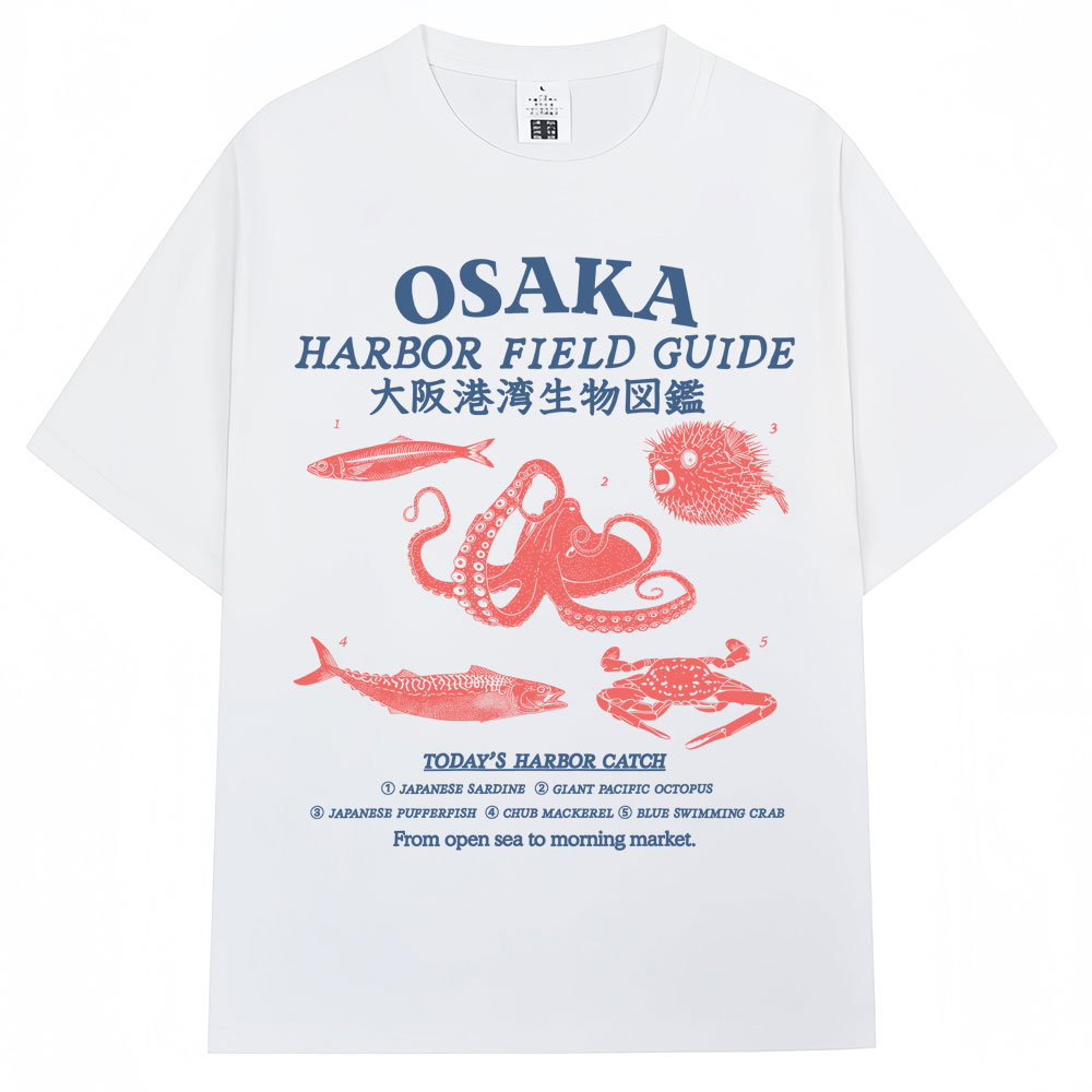 Japanese Women Lifestyle - 日本風大阪港フィールドガイドグラフィックTシャツ メンズ レディース 日本海洋生物タコ柄Tシャツ ルーズコットンカジュアルTシャツ