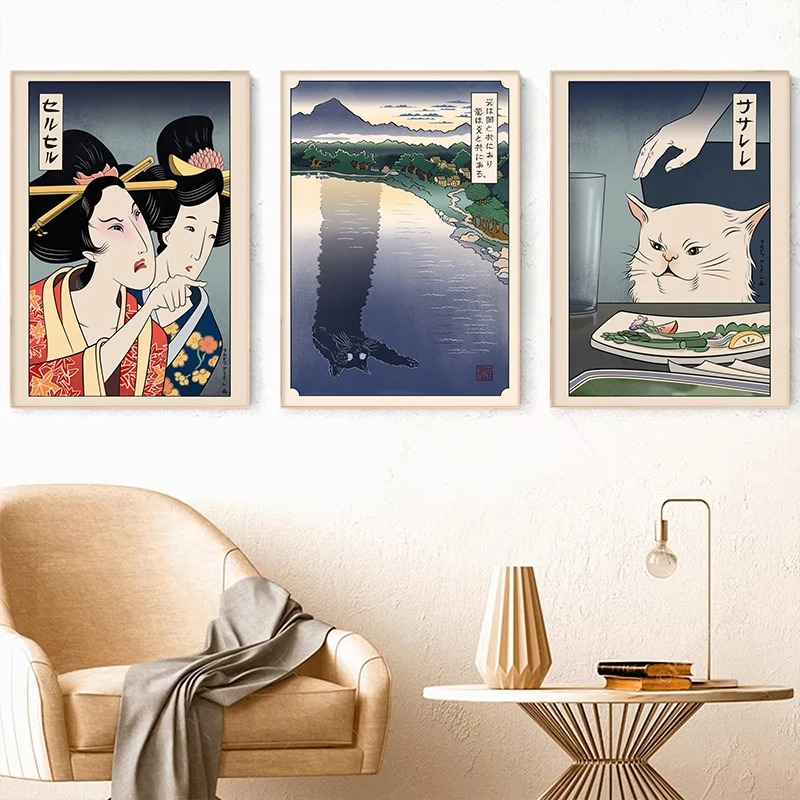 日本の浮世絵風ポスター印刷、猫に怒鳴る女性、キャンバス絵画、 - Japanese Women Lifestyle のレビューと価格